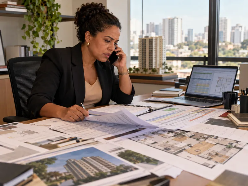 Gerente comercial de construtora ao telefone, preocupada, numa mesa cheia de tabelas de preço e plantas impressas